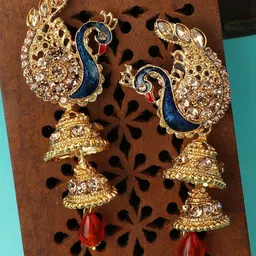ANIKAS CREATION Gold-Plated Artificial Stones Studded and Beaded Dome Jhumkas-37