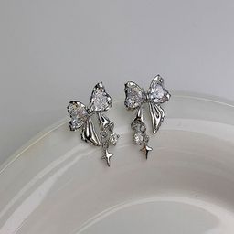 AQUASTREET Silver Plated Zircon Studded Bow Shaped Drop Earrings-6
