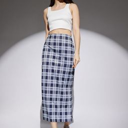 Globus Checked Mid Rise Side Slit Pencil Midi Skirt-picture-37