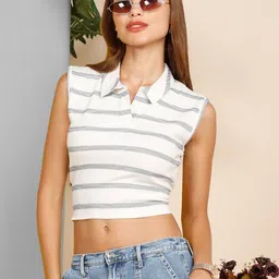 SZN Women Striped Polo Collar Slim Fit T-shirt-picture-26