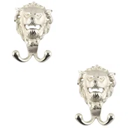 IndianShelf Silver Toned 2 Pieces Lion Textured Ceramic Wall Hooks-5