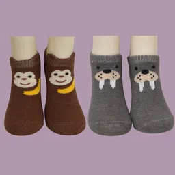 Yellow Bee Infant Boys Pack Of 2 Monkey Patterned Ankle-Length Socks-42