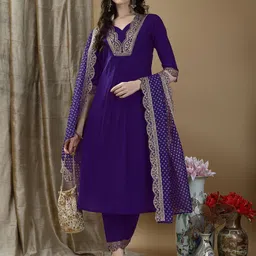 KALINI Floral Embroidered Sequinned Chanderi Cotton Straight Kurta With Trousers & Dupatta-37