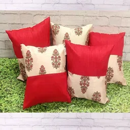 Pink Parrot Red & Cream-Coloured 5 Pieces Printed Jacquard Silk Square Cushion Covers-5