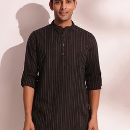 Fabindia Striped Band Collar Neck Long Roll-Up Sleeves Regular Straight Kurta-image-98