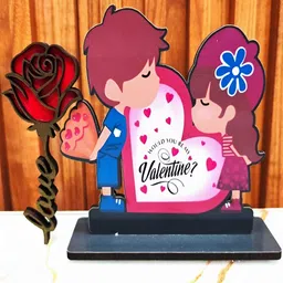Home Delight White & Pink Boy Proposing Printed Wooden Showpiece & Rose Magnet-7