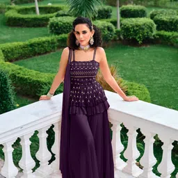 SANCIA Women Embroidered Layered Sequinned Kurta with Palazzos & With Dupatta image 2