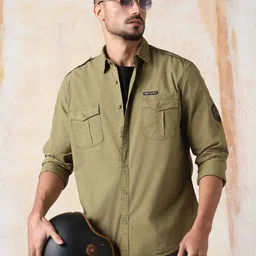 High Star Men Regular Fit Utility Heavy Washed Spread Collar Solid Cotton Casual Shirt-image-7