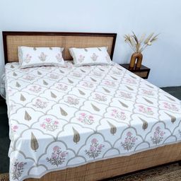 Plarsh Comfort White & Grey Floral 300 TC King Bedsheet with 2 Pillow Covers-image-81