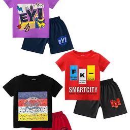 BAESD Boys Pack Of 3 Printed Round Neck Pure Cotton T-shirt With Shorts-18