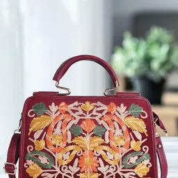EVEDA Women Floral Embellished Structured Satchel with Detachable Sling Strap-32