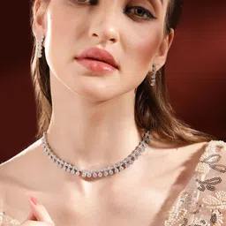 Priyaasi Silver Plated AD Stone Studded Floral Pattern Brass Necklace and Earrings-17