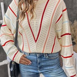 HERE&NOW Women Striped Open Knit Pullover-image-22