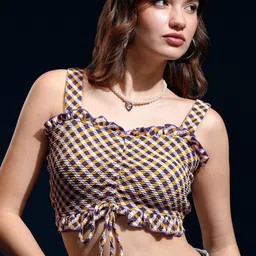 Tokyo Talkies Women Checked Peplum Crop Top-image-86