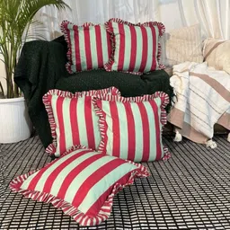 LUSHLYF Candy Cane Ruffle Green & Maroon 5 Pieces Striped Cotton Square Cushion Covers-image-82