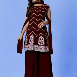 PARROT CREATION Embroidered Sequinned Round Neck Kurti with Sharara & Dupatta-image-67