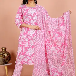 Rudra Bazaar Floral Printed Round Neck Pure Cotton Kurta With Trousers & Dupatta-image-28