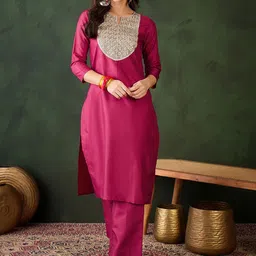 Sangria Women Embroidered Straight Kurta & Trousers-image-69