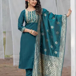Twika Floral Yoke Design Straight Kurta With Trouser And Dupatta-20
