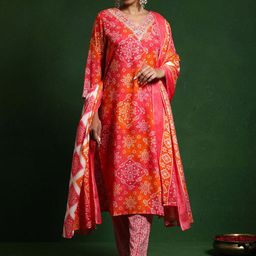 Varanga Bandhani Printed V-Neck Kurta With Trouser & Dupatta-14