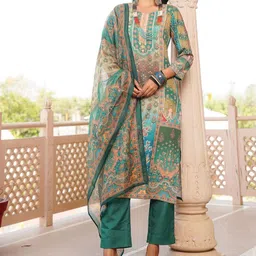 AHIKA Ethnic Motifs Printed Round Neck Straight Kurta With Trousers & Dupatta-picture-0