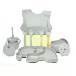 The Little Lookers Kids 11-Pcs Grey Silicone Non Toxic BPA Free Baby Safe Baby Feeding Set-69