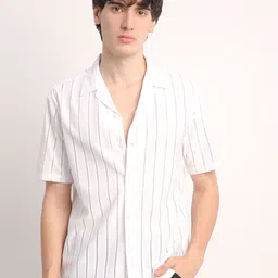 Voroxy Men Smart Cuban Collar Vertical Striped Polycotton Casual Shirt-image-38