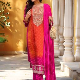 GoSriKi Bandhani Printed Round Neck Zari Kurta & Trouser With Dupatta-9