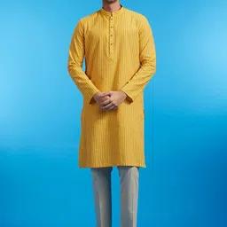 Diwas by Manyavar Striped Printed Mandarin Collar Straight Cotton Kurta-image-49