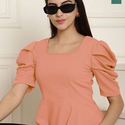 Metronaut Women Pack Of 2 Solid Puff Sleeve Peplum Top-picture-1