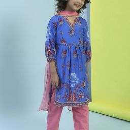 Biba Girls Floral Printed Pure Cotton Kurta With Trouser & Dupatta-picture-9