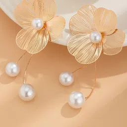 DressBerry Korean Gold-Plated Pearls Floral Drop Earrings-15