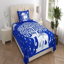 Aura Blue & White Ethnic Motifs 120 TC Single Bedsheet with 1 Pillow Covers-image-43