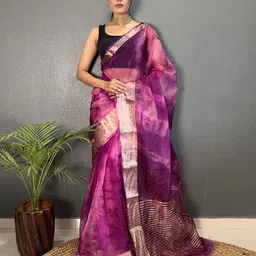 V3 FASHION STUDIO Tie and Dye Zari Organza Leheriya Saree-image-68