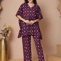 TAG 7 Women Printed V Neck Kaftan & Pyjamas Pure Cotton Night suit-image-67