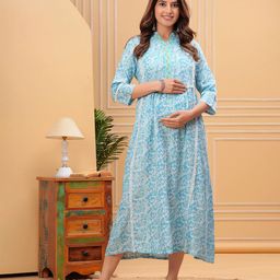 Moda Rapido Women Maternity Ethnic Motifs Print Mandarin Collar Maxi Dress-image-20