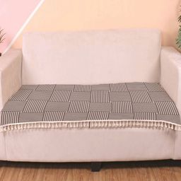 STITCHNEST Grey & Beige Geometric Printed Velvet 2 Seater Anti Slip Sofa Cover-15
