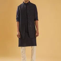 RR Blue Embellished Sequinned Mandarin Collar Longline Nehru Jacket-picture-7
