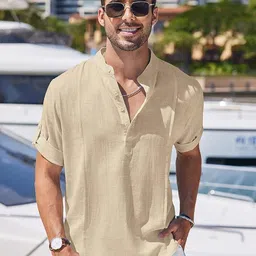 Anouk Cream-Coloured Mandarin Collar Roll-Up Sleeves Straight Kurta-image-3