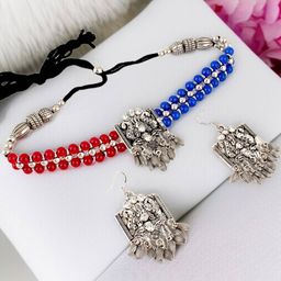 LUCKY JEWELLERY Silver-Plated Stones Studded & Beaded Oxidised Choker Jewellery Set-picture-35