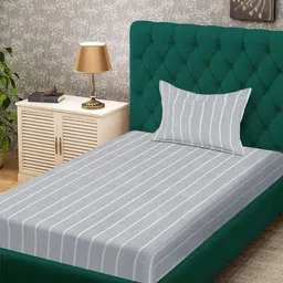 KLOTTHE Grey Striped 300 TC Single Bedsheet with 1 Pillow Cover-picture-30