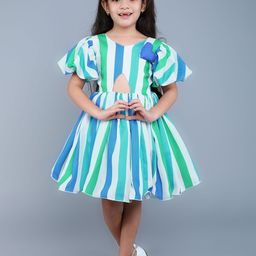 Pink Chick Girls Striped Puff Sleeves Cut-Outs Detail Fit & Flare Dress With Matching clip-picture-12