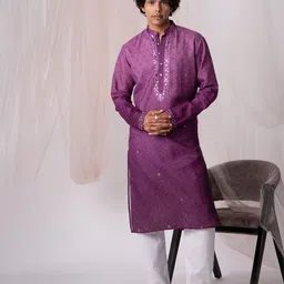 5 Stitch Men Ethnic Motifs Embroidered Sequinned Chanderi Silk Kurta-image-78