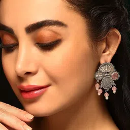 Priyaasi Silver-Plated Crystals & Beaded Contemporary Oxidised Drop Earrings-16