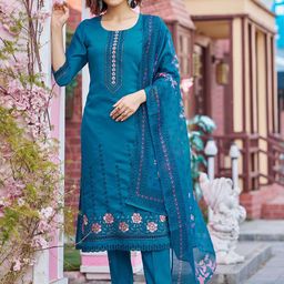 Moda Rapido Blue Floral Embroidered Pure Silk Straight Kurta With Trousers & Dupatta-picture-47