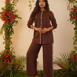 CRAFTED FOR YOU Band Collar Embroidered Top With Trouser-picture-17