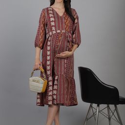 Moms Maternity Tribal Print Crepe Maternity Fit & Flare Midi Dress-image-43