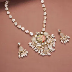 Opal Touch Gold Plated American Diamond Studded & Beaded Jewellery Set-77