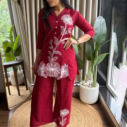 Moda Rapido Floral Embroidered Mandarin Collar Aari Work Pure Cotton Kurta With Trousers-image-53