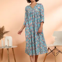 Maaesa Women Flared Floral Printed Blue Dress-image-40